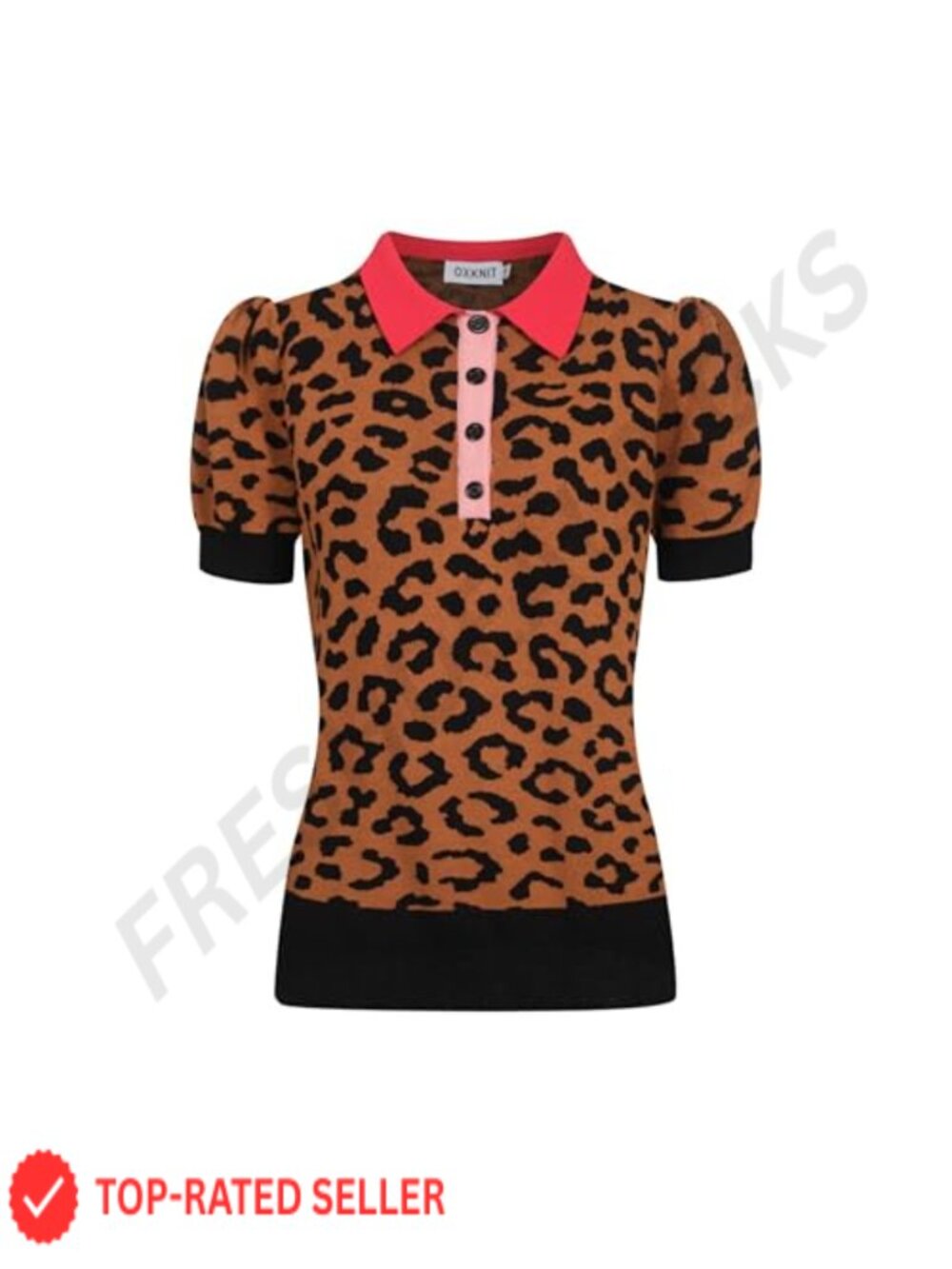 Women's Knit Polo Shirt Short Sleeve 1960s Mod Vintage Leopard Print Quarter